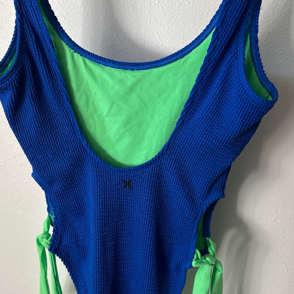 Hurley Solid Scrunch Cheeky One Piece- blue with green side ties